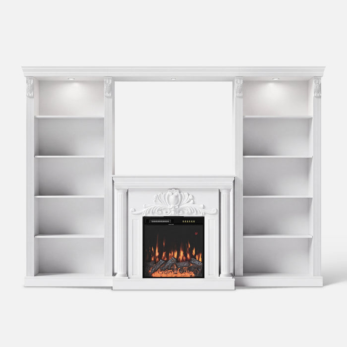 White Entertainment Center with Built-In Electric Fireplace and 5-Tier Bookcases