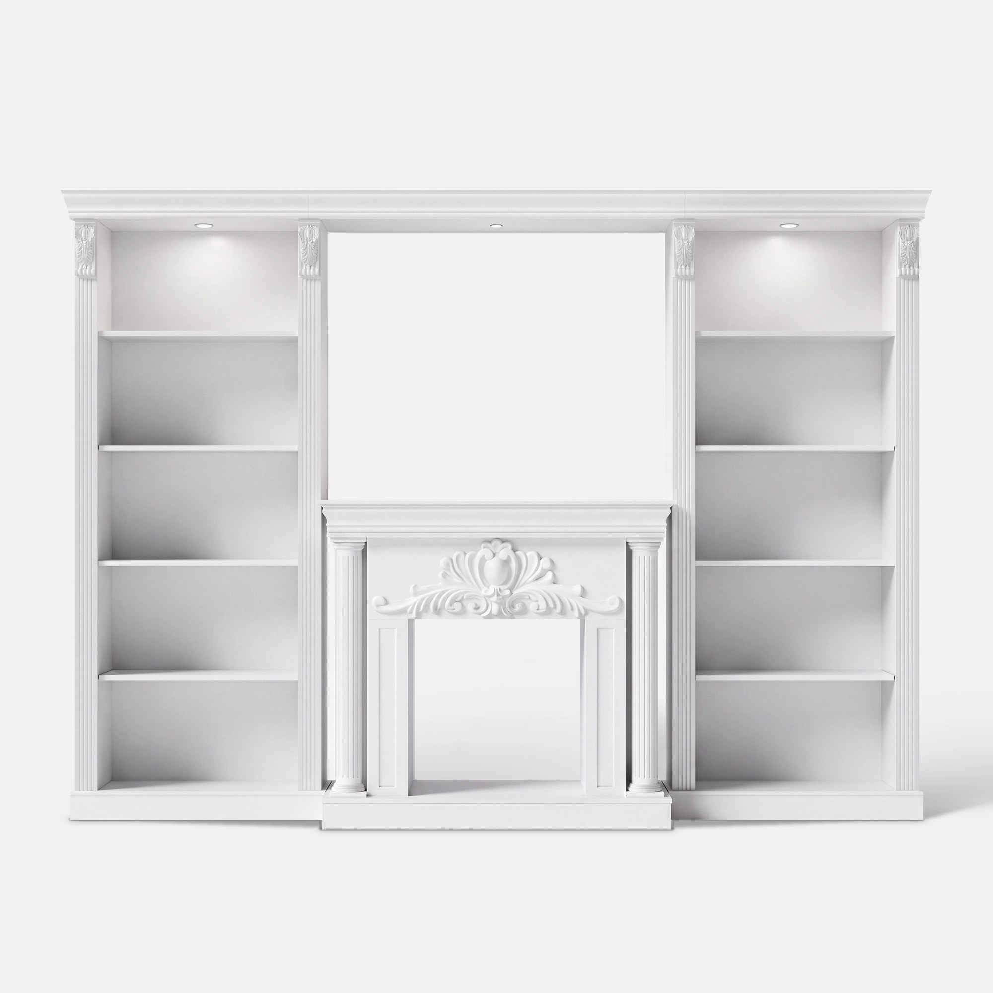 White Entertainment Center with 5-Tier Bookcases and Built-In Lighting