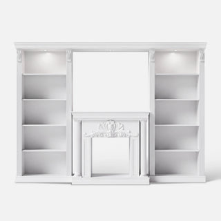 White Entertainment Center with 5-Tier Bookcases and Built-In Lighting