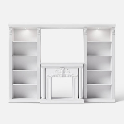 White Entertainment Center with 5-Tier Bookcases and Built-In Lighting
