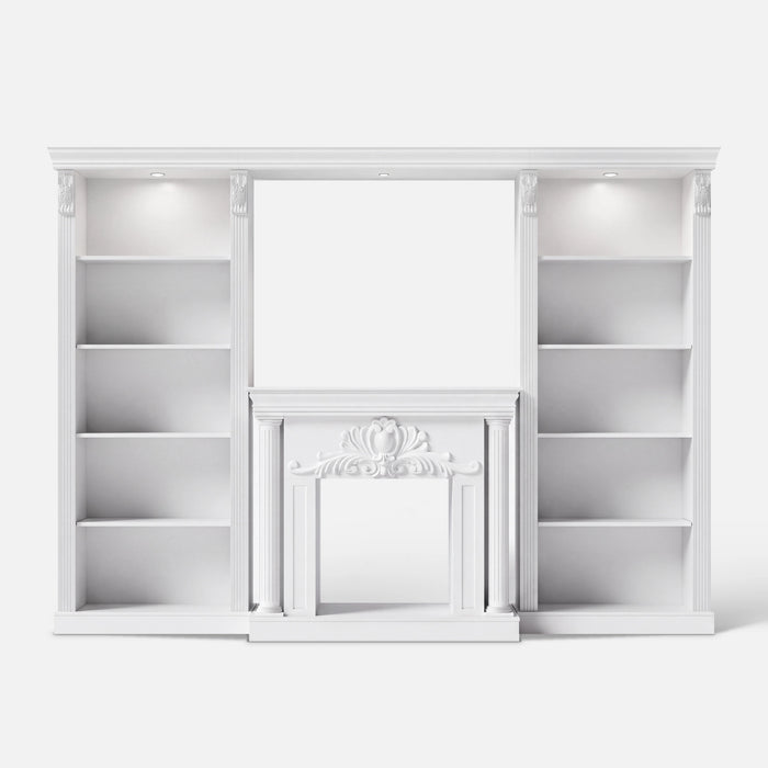 White Entertainment Center with 5-Tier Bookcases and Built-In Lighting