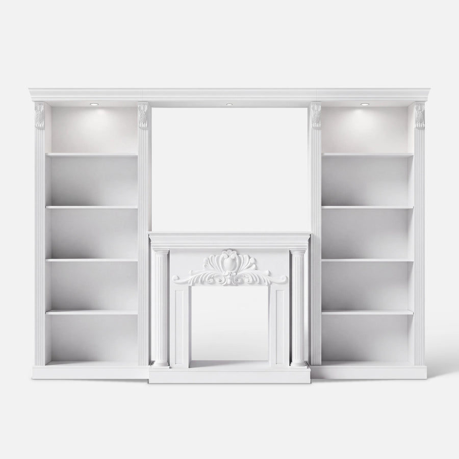 White Entertainment Center with 5-Tier Bookcases and Built-In Lighting