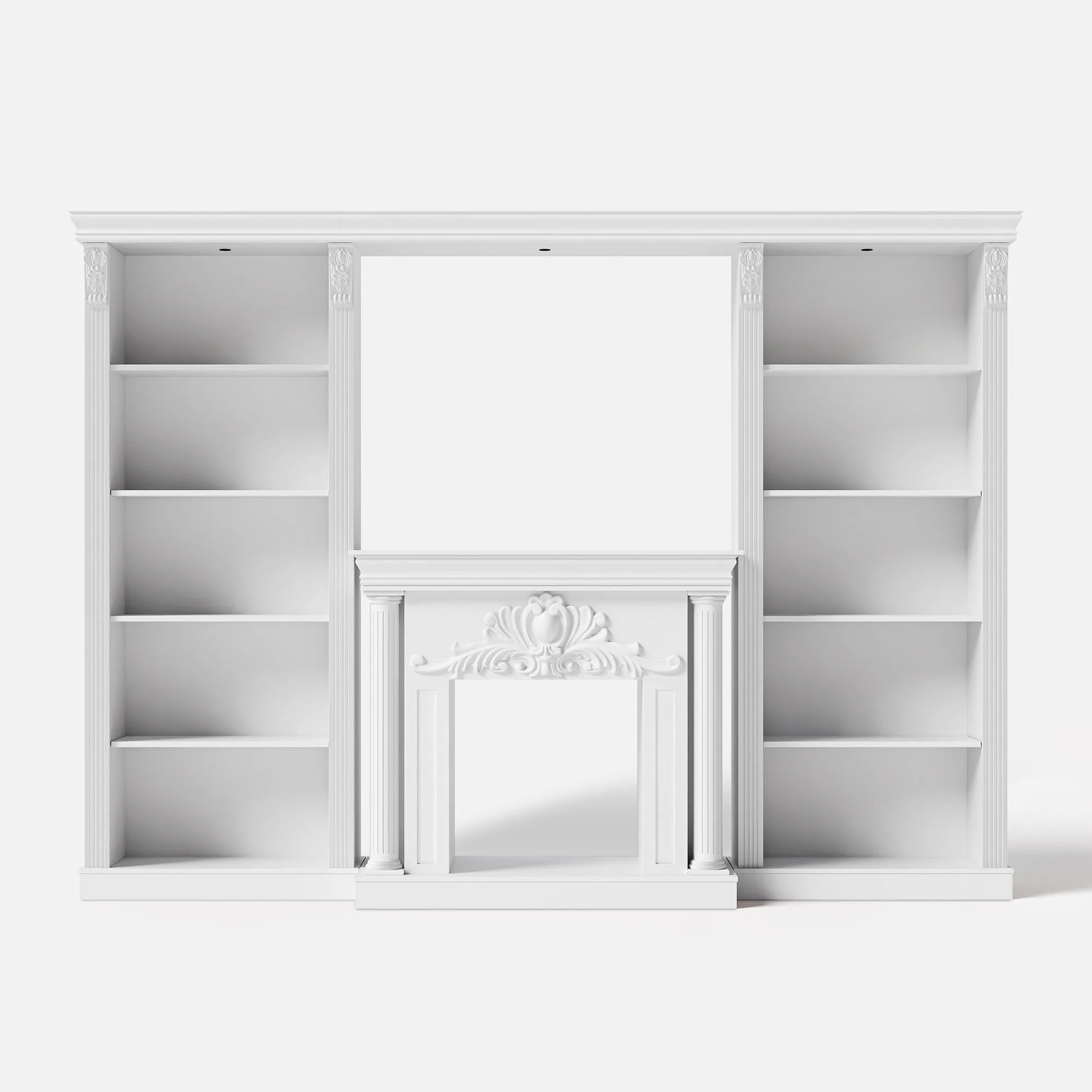 White Entertainment Center with 5-Tier Bookcases and Built-In Lighting