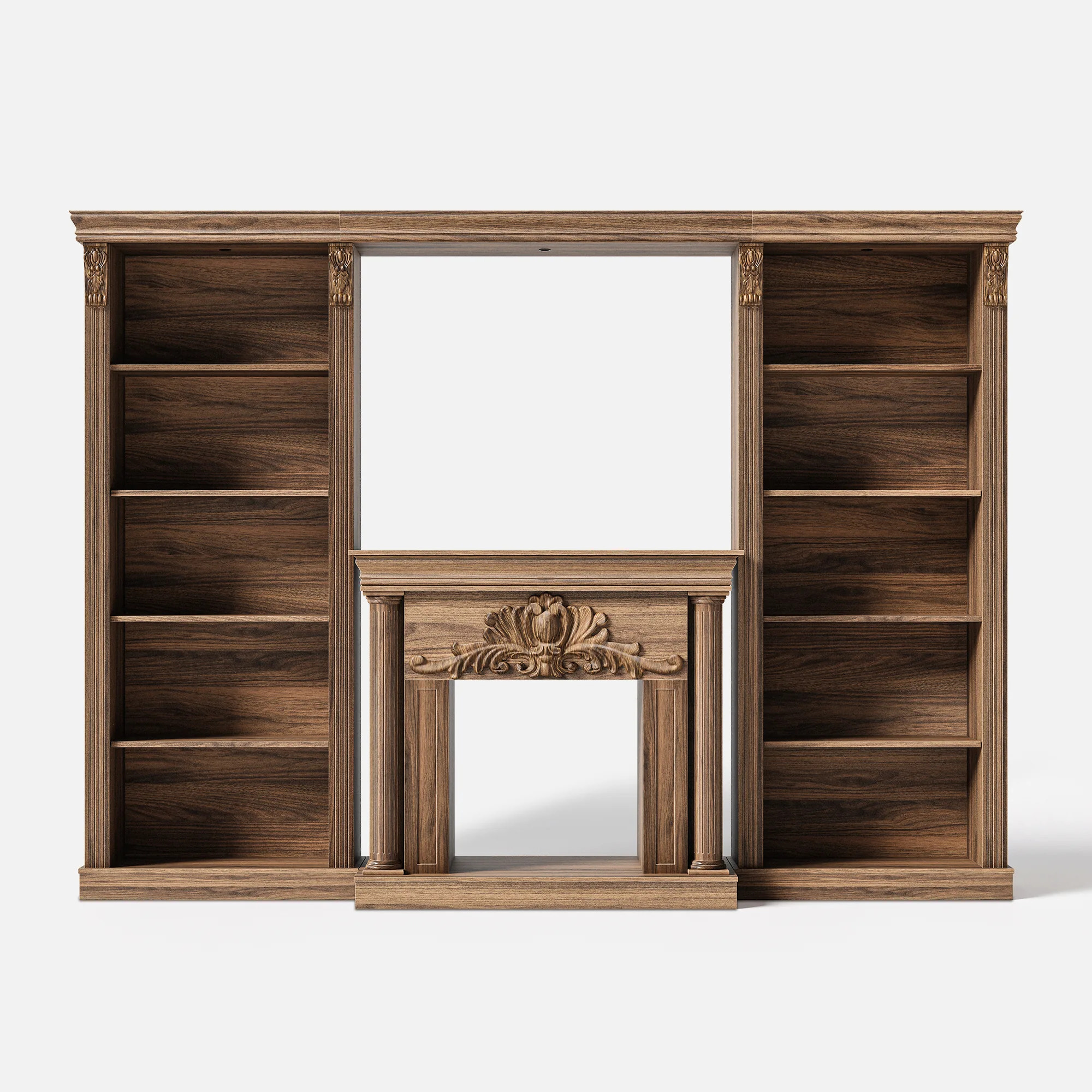 Walnut Entertainment Center with 5-Tier Bookcases and Built-In Lighting