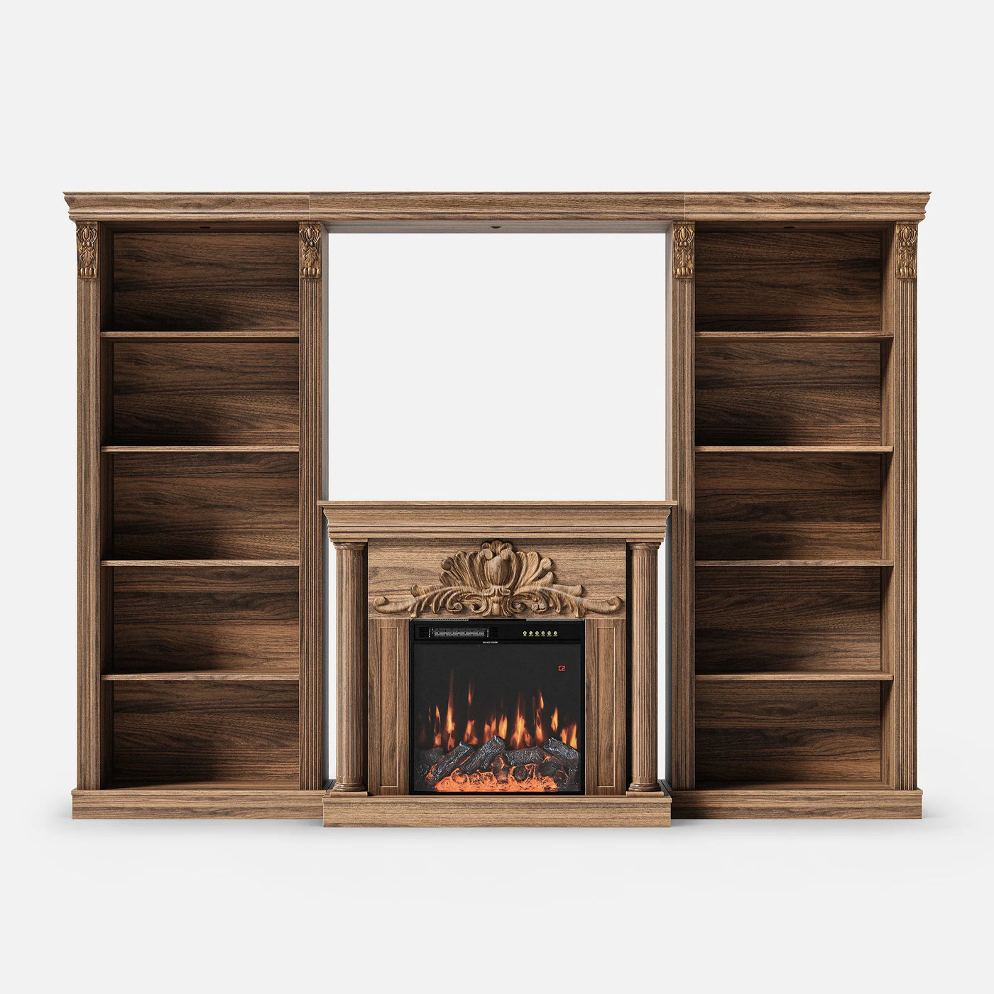 Walnut Entertainment Center with Built-In Electric Fireplace and 5-Tier Bookcases