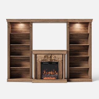 Walnut Entertainment Center with Built-In Electric Fireplace and 5-Tier Bookcases