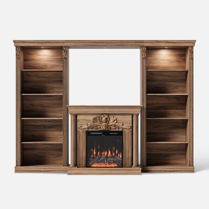 Walnut Entertainment Center with Built-In Electric Fireplace and 5-Tier Bookcases
