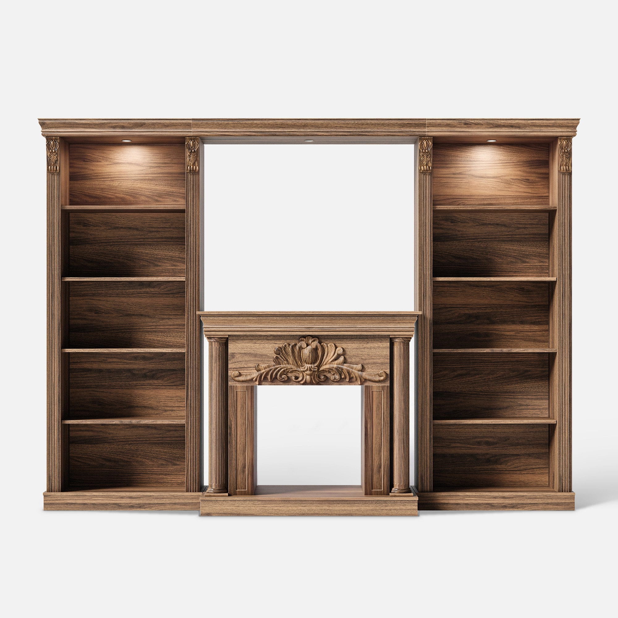 Walnut Entertainment Center with 5-Tier Bookcases and Built-In Lighting