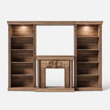 Walnut Entertainment Center with 5-Tier Bookcases and Built-In Lighting