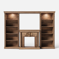 Walnut Entertainment Center with 5-Tier Bookcases and Built-In Lighting