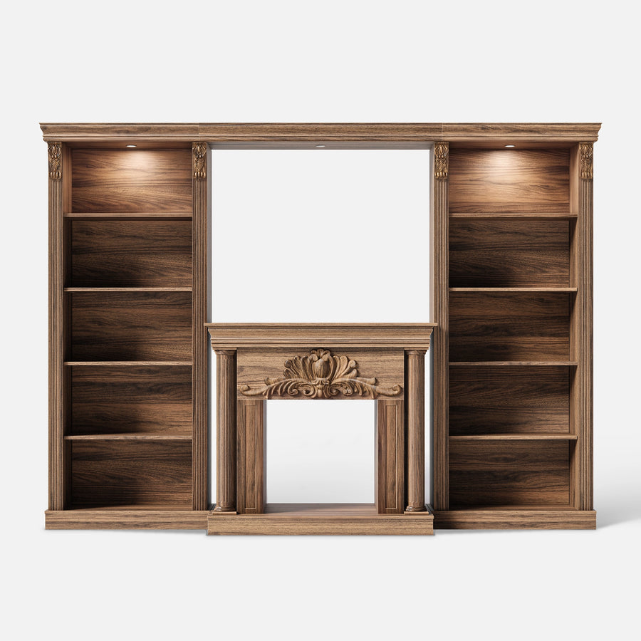Walnut Entertainment Center with 5-Tier Bookcases and Built-In Lighting