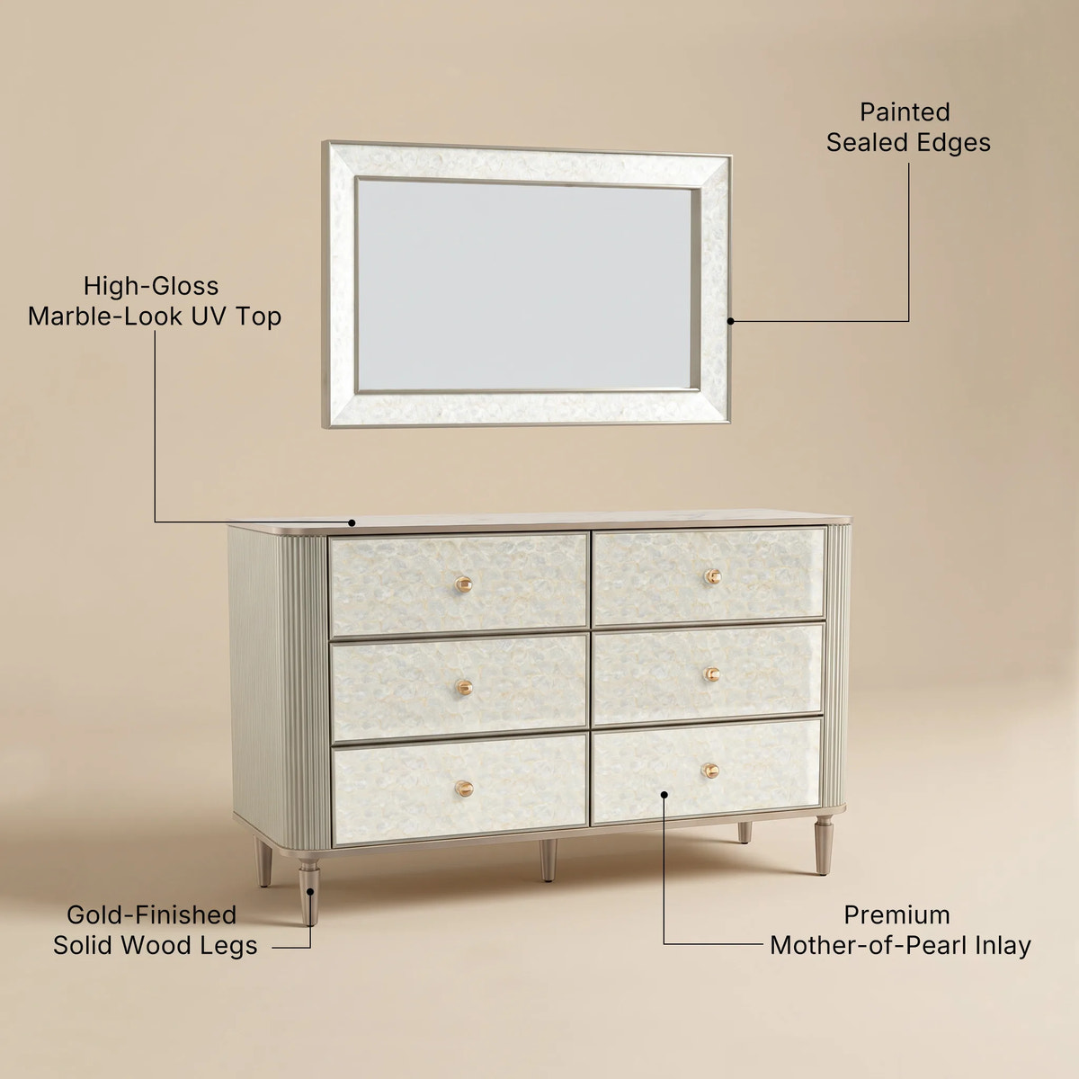 Nacre Mother-of-Pearl Inspired Dresser & Mirror Set