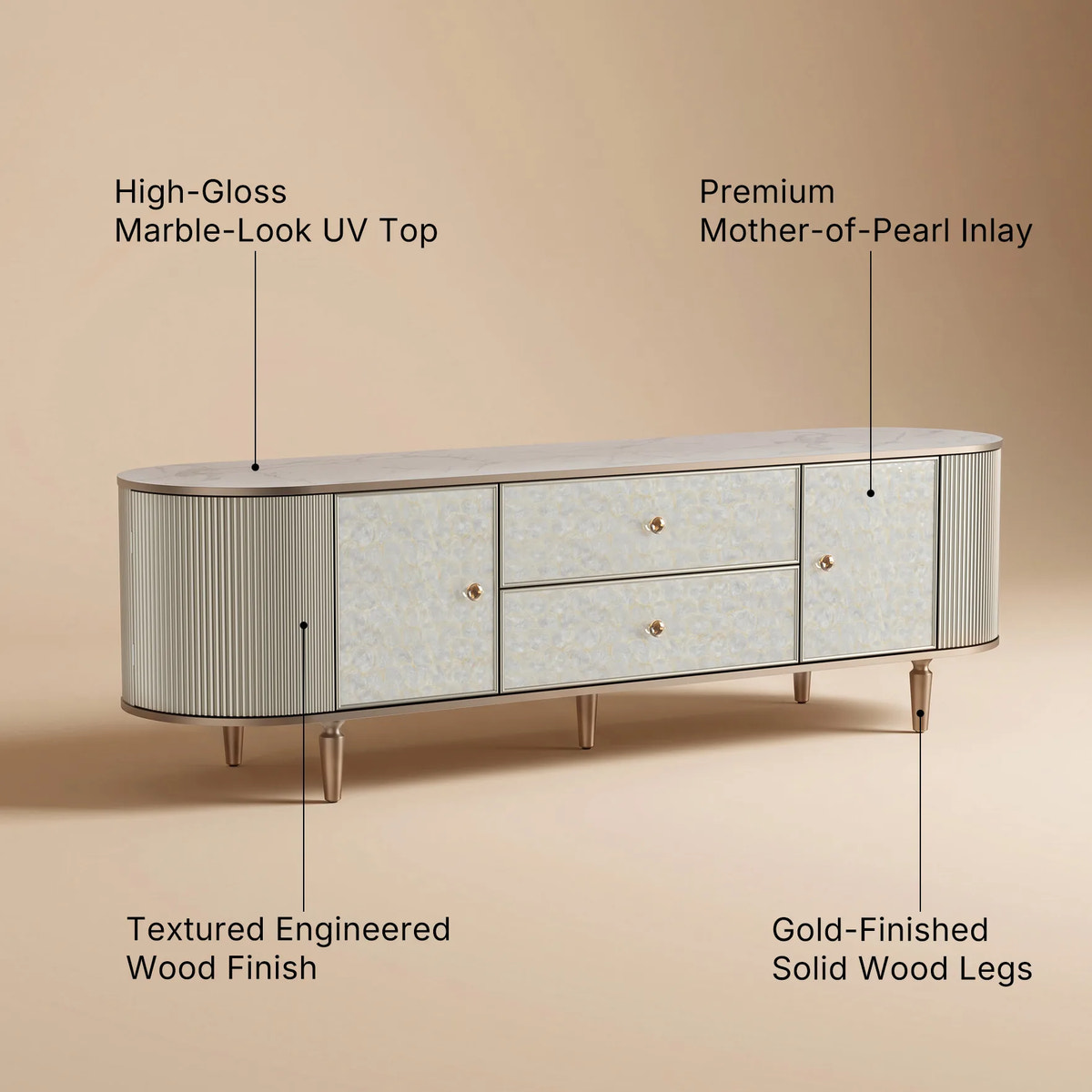 Nacre TV Stand with Mother-of-Pearl Fronts and Marble-Style Top
