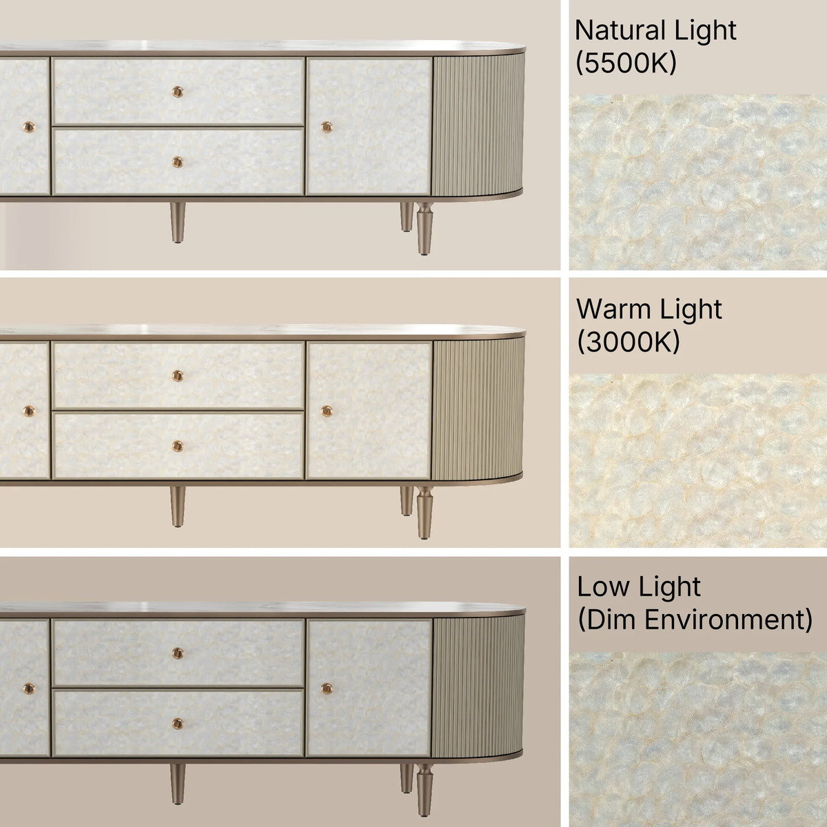 Nacre TV Stand with Mother-of-Pearl Fronts and Marble-Style Top