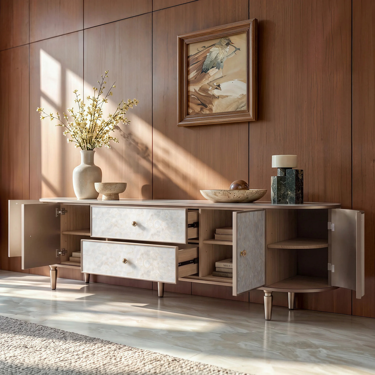 Nacre TV Stand with Mother-of-Pearl Fronts and Marble-Style Top
