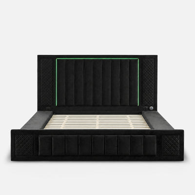 Queen Size LED Storage Bed with Upholstered Headboard