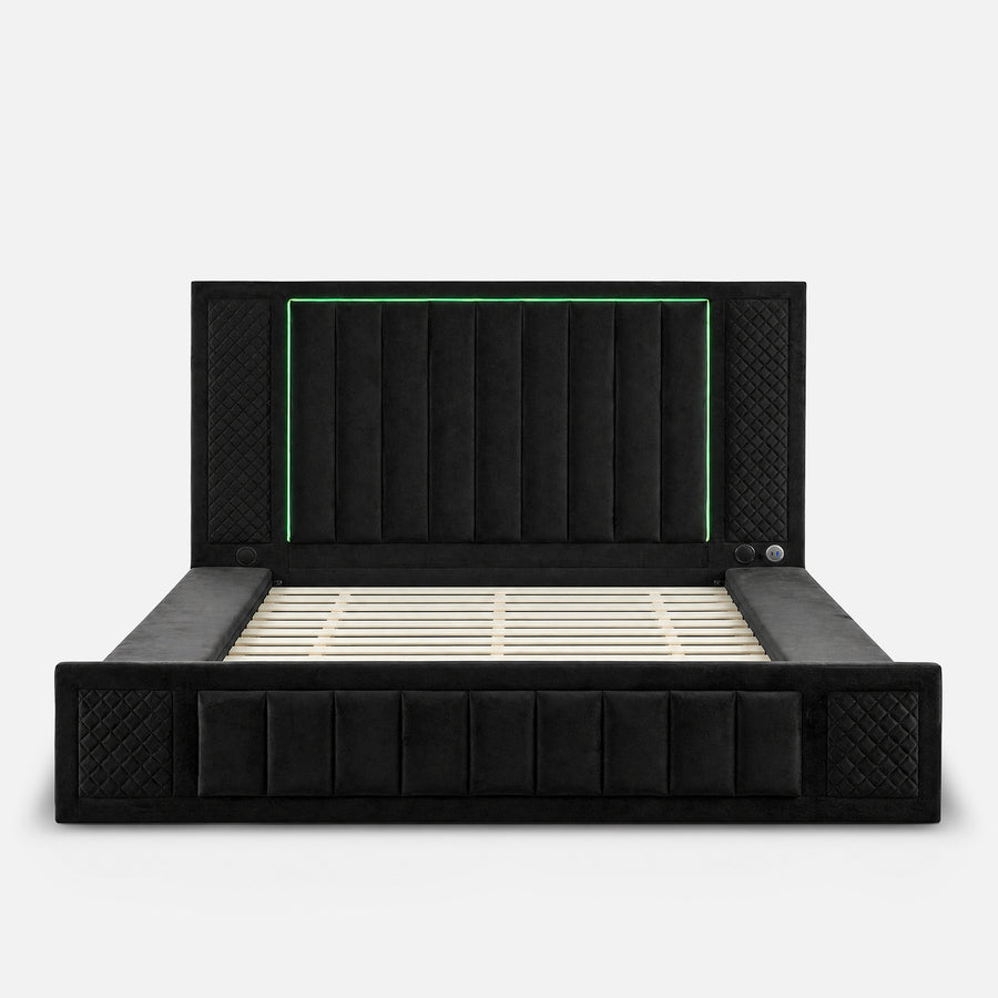 Queen Size LED Storage Bed with Upholstered Headboard
