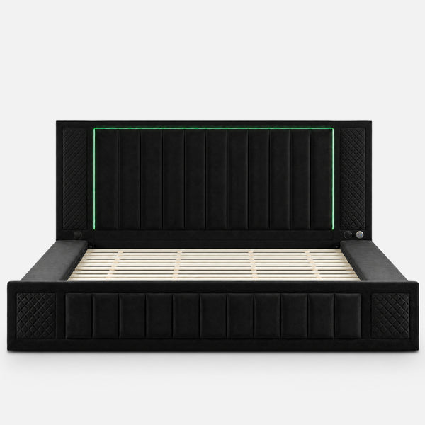 King Size LED Storage Bed with Upholstered Headboard
