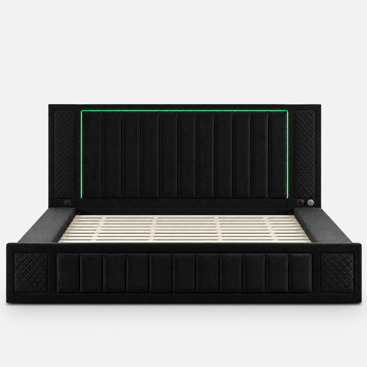 King Size LED Storage Bed with Upholstered Headboard