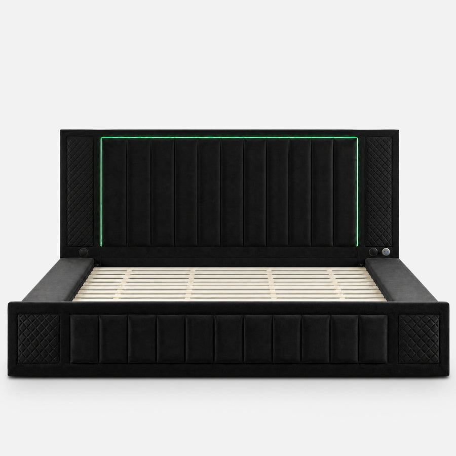 King Size LED Storage Bed with Upholstered Headboard