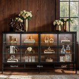 4-Door Display Cabinet with Glass Shelves and Iron Legs