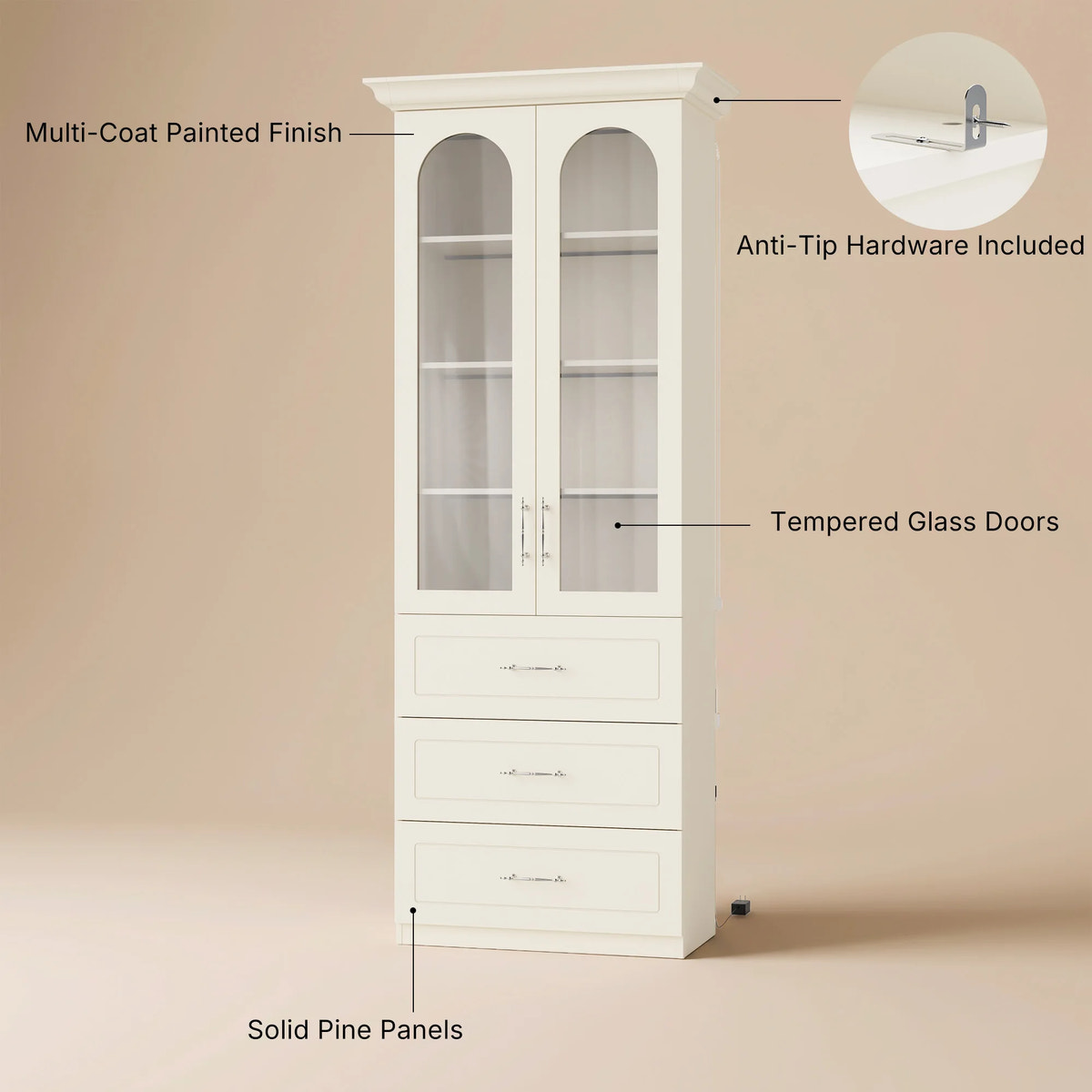 Arched Display Cabinet with Glass Doors and Integrated Lighting