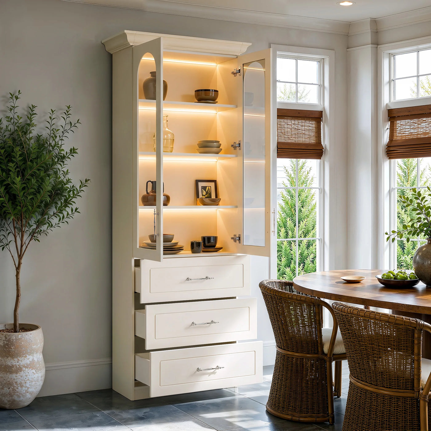 Arched Display Cabinet with Glass Doors and Integrated Lighting