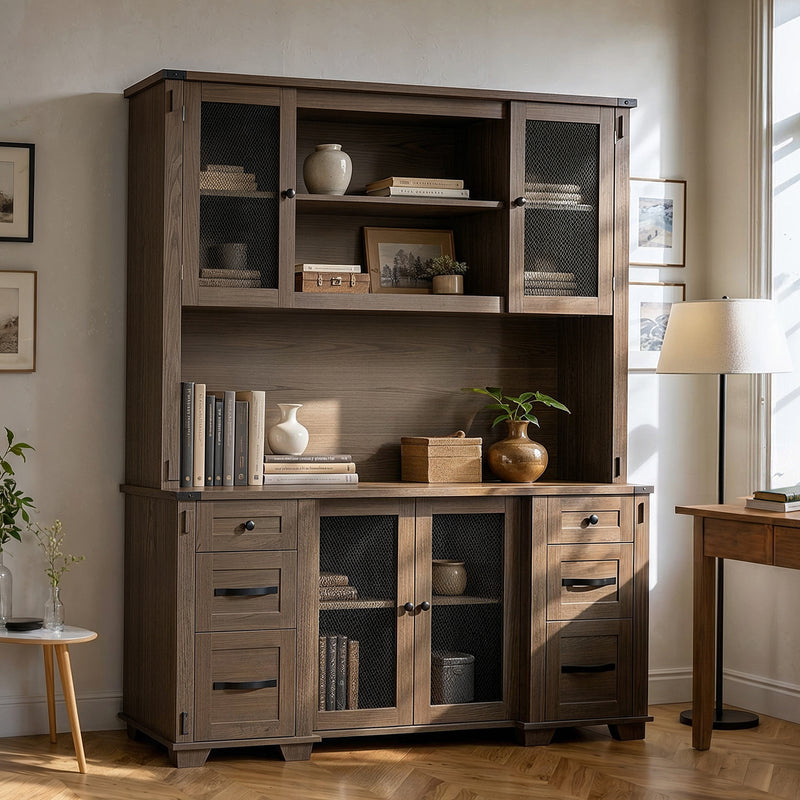 Wood Bookcase with Mesh Doors, Drawers and Open Shelving