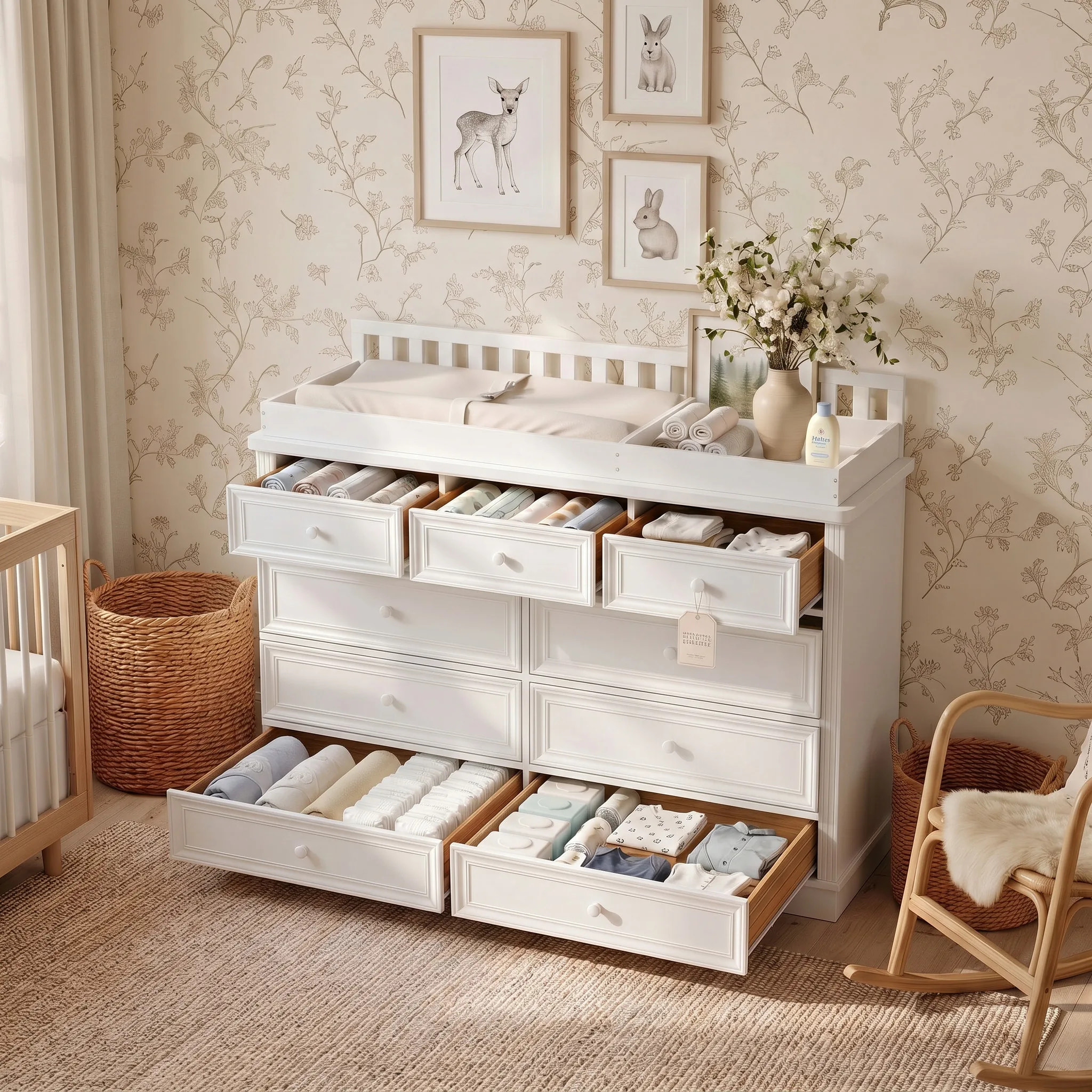 Solid Wood Changing Table with Drawers and Round Knob Handles-White
