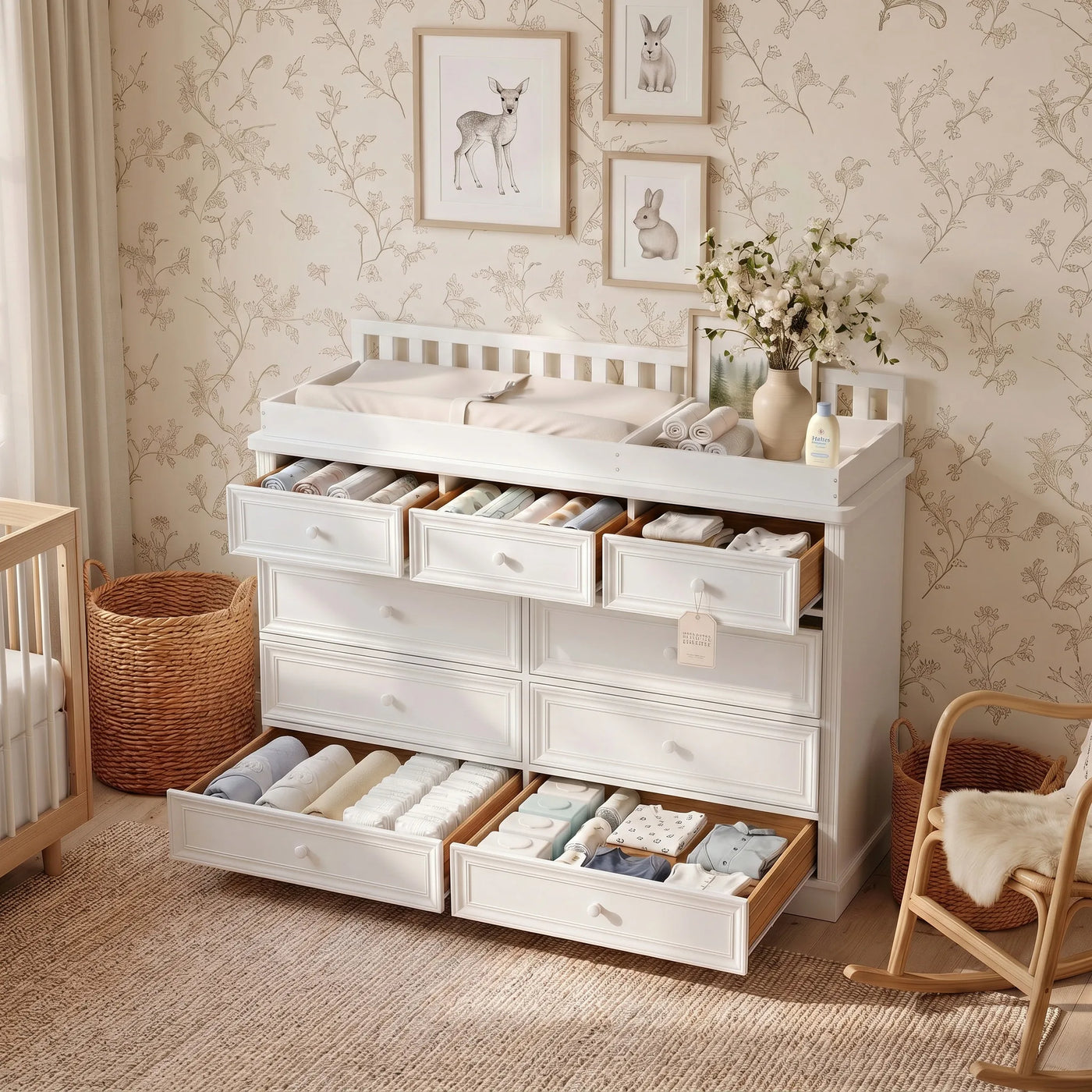 Solid Wood Changing Table with Drawers and Round Knob Handles-White