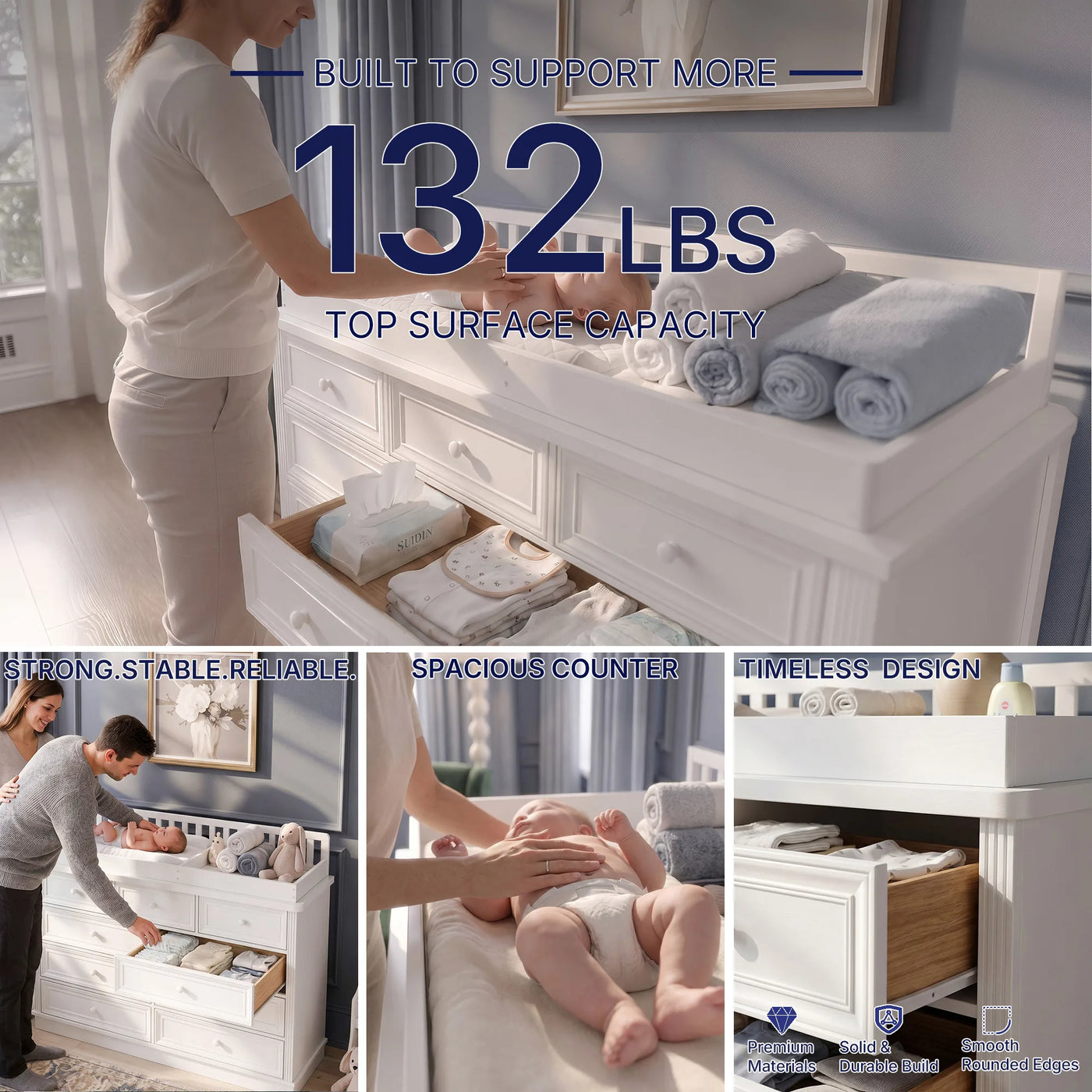Solid Wood Changing Table with Drawers and Round Knob Handles-White