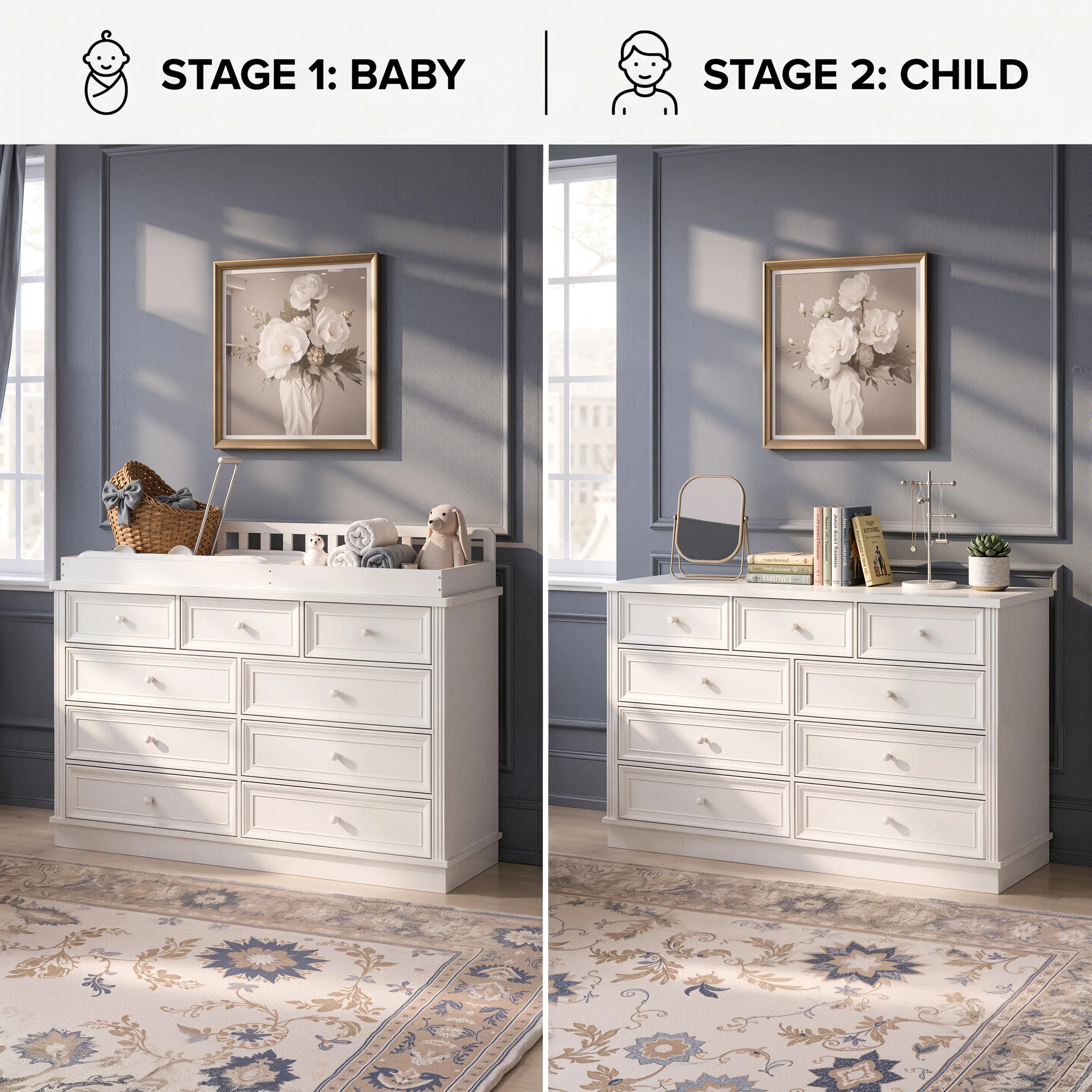 Solid Wood Changing Table with Drawers and Round Knob Handles-White