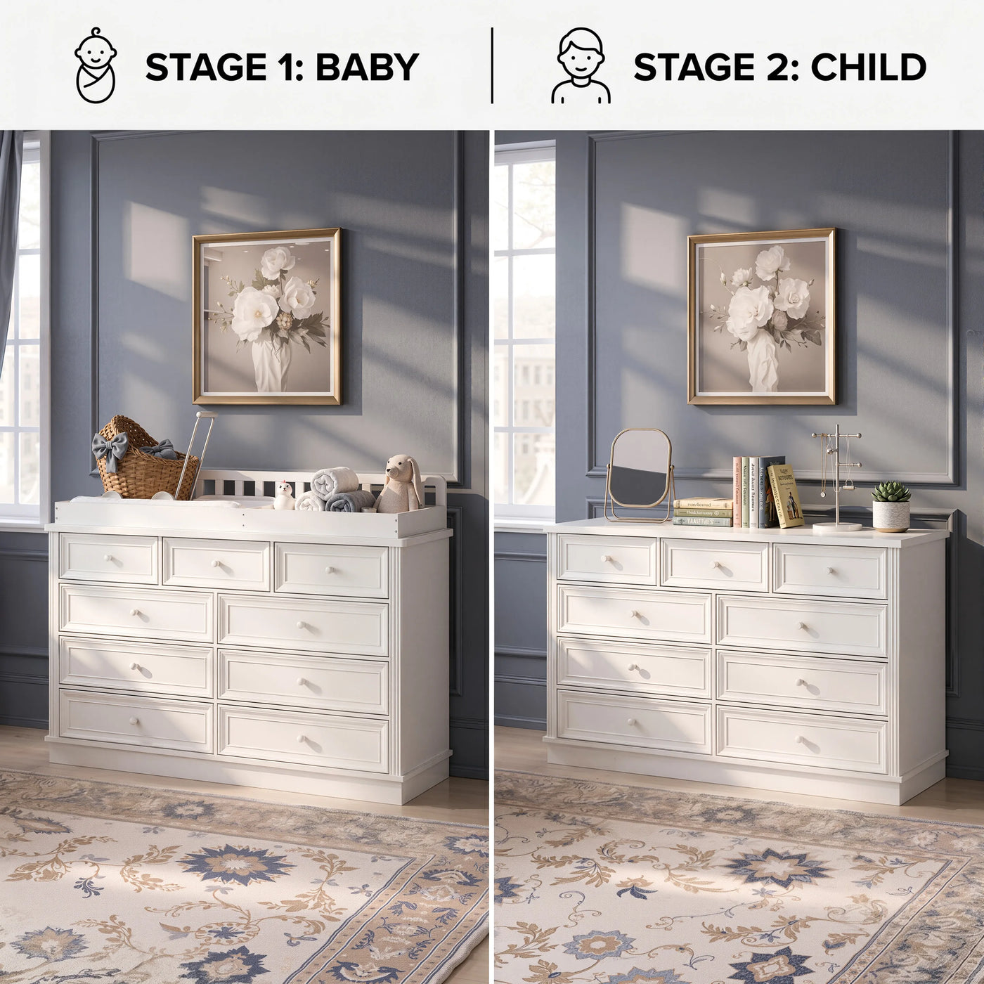 Solid Wood Changing Table with Drawers and Round Knob Handles-White