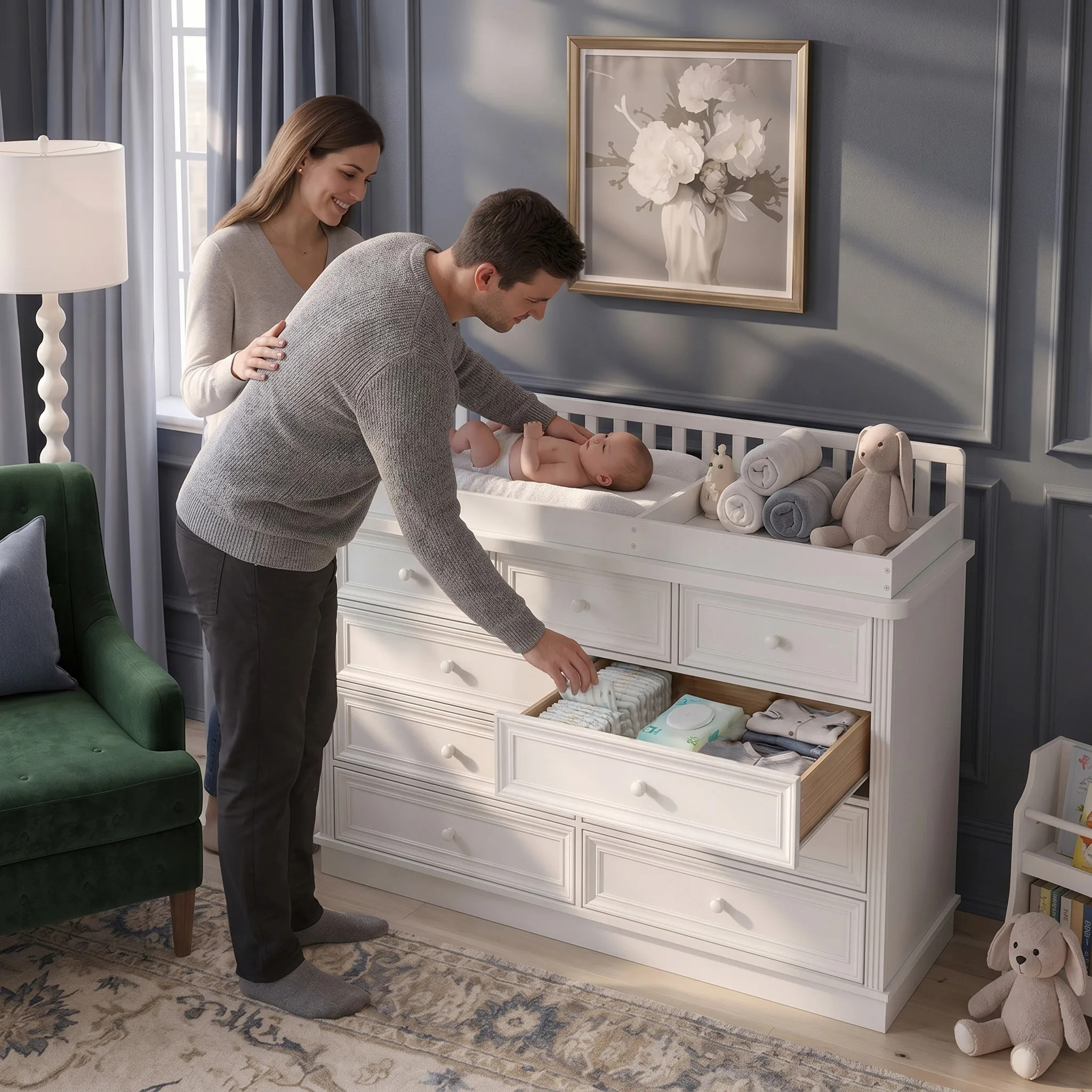 Solid Wood Changing Table with Drawers and Round Knob Handles-White