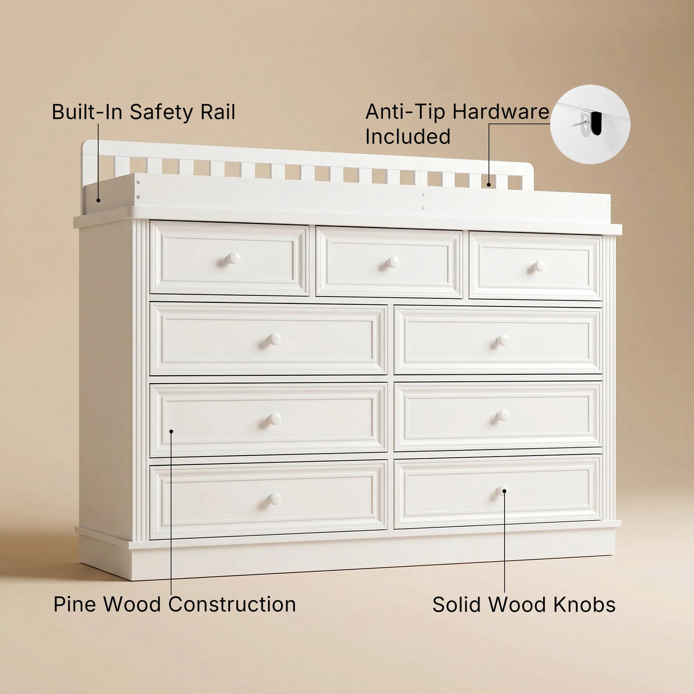 Solid Wood Changing Table with Drawers and Round Knob Handles-White