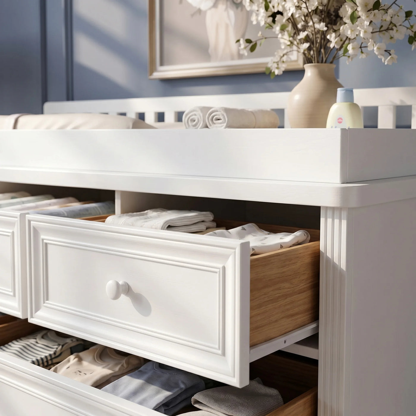 Solid Wood Changing Table with Drawers and Round Knob Handles-White