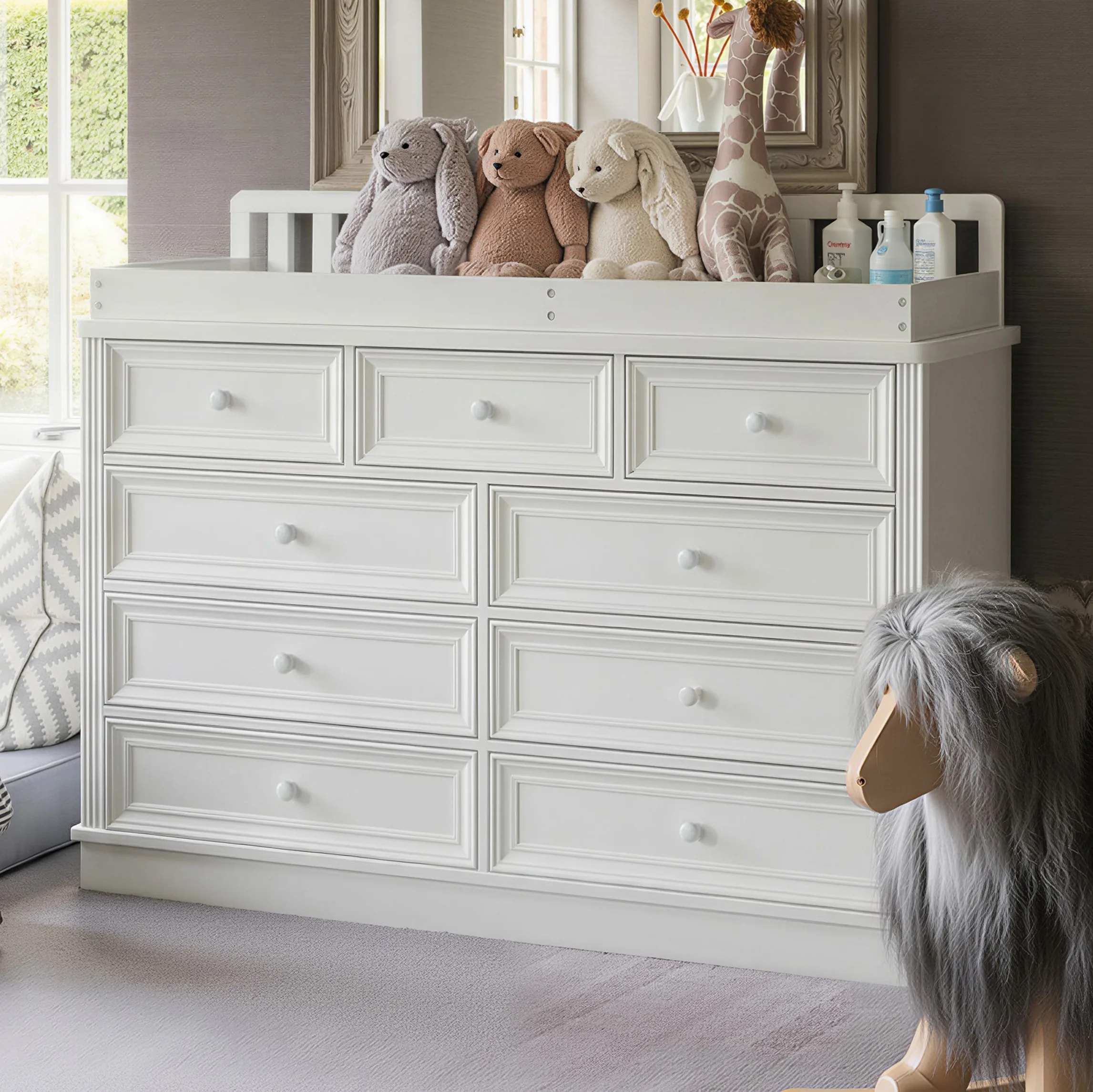 Solid Wood Changing Table with Drawers and Round Knob Handles-White