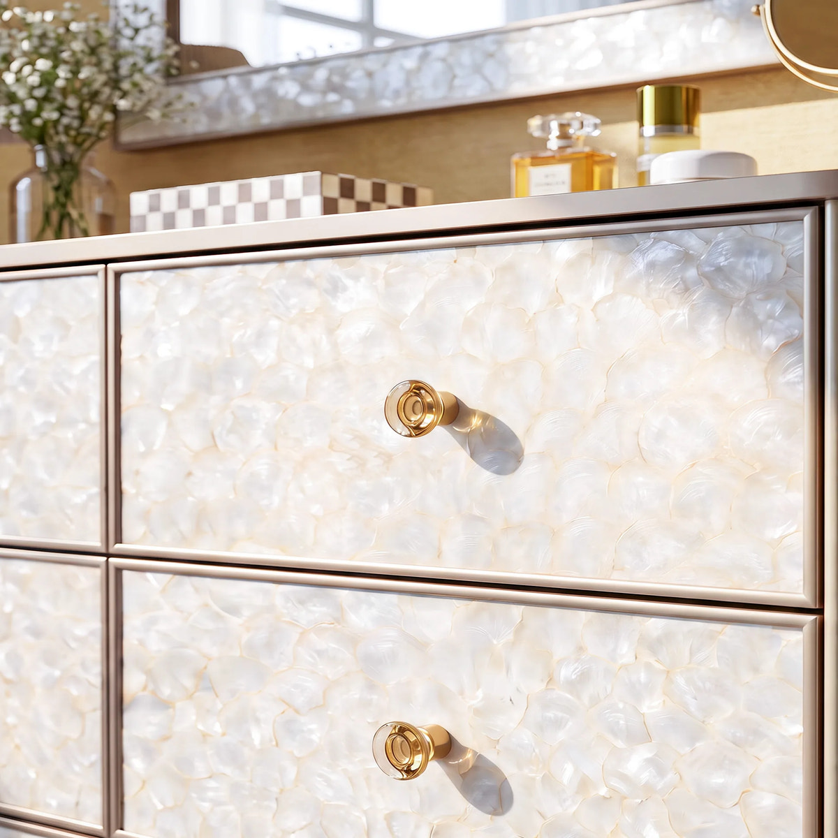 Nacre Mother-of-Pearl Inspired Dresser & Mirror Set