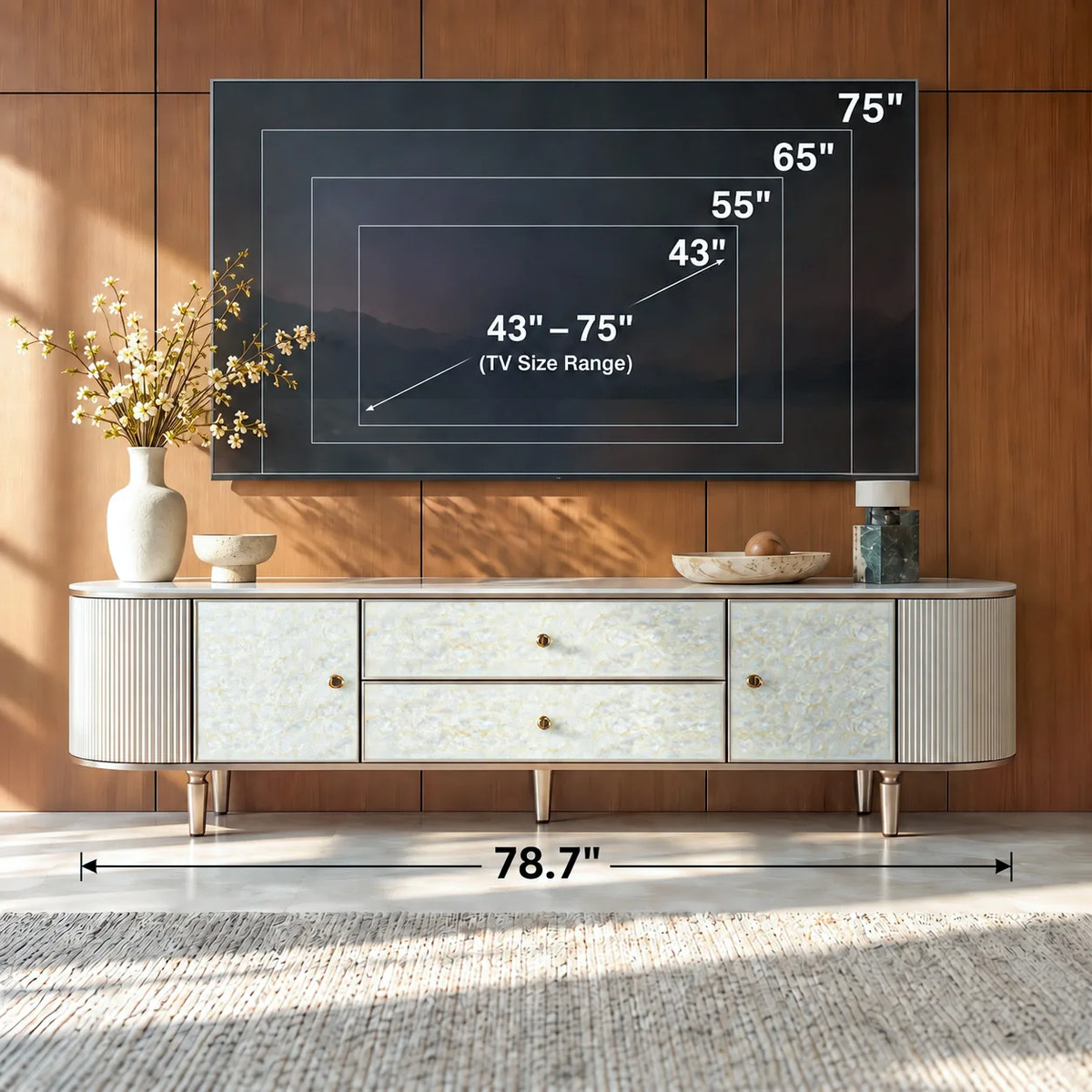 Nacre TV Stand with Mother-of-Pearl Fronts and Marble-Style Top