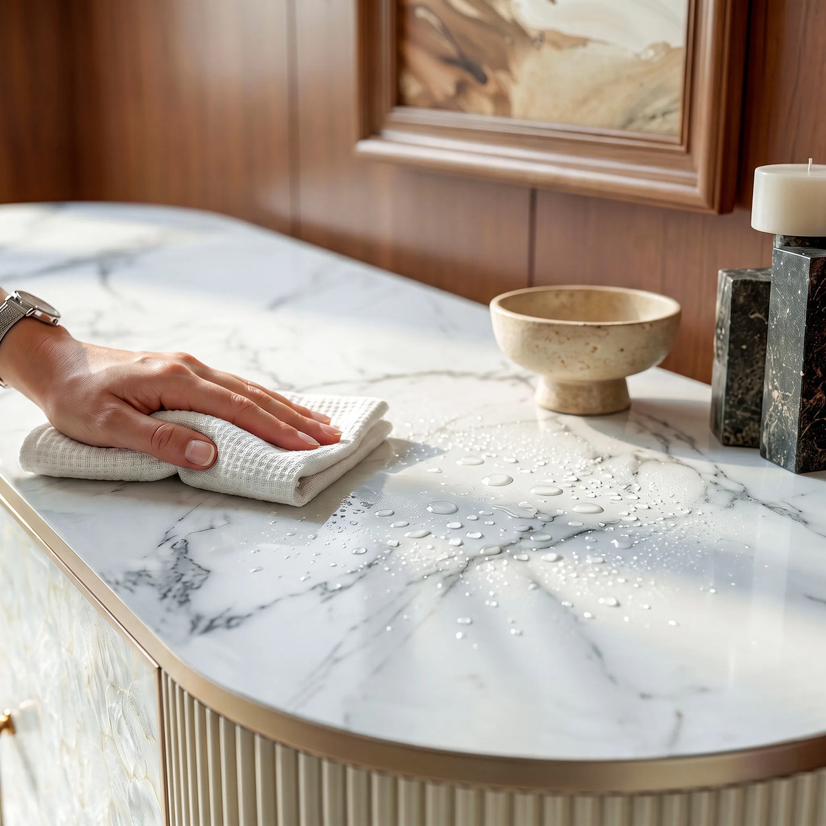 Nacre TV Stand with Mother-of-Pearl Fronts and Marble-Style Top