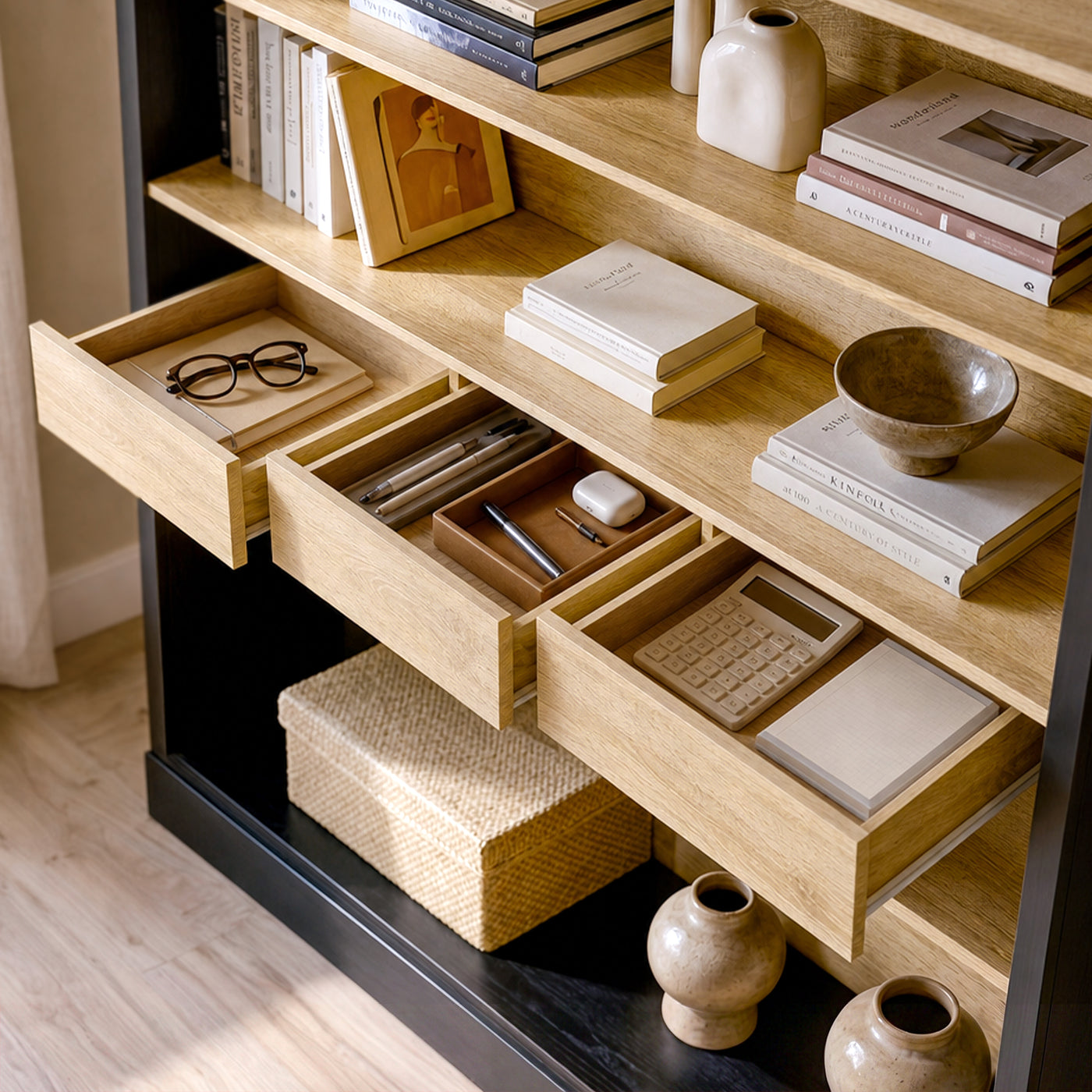 Bookcase and Display Cabinet with 5 Shelves and 3 Drawers