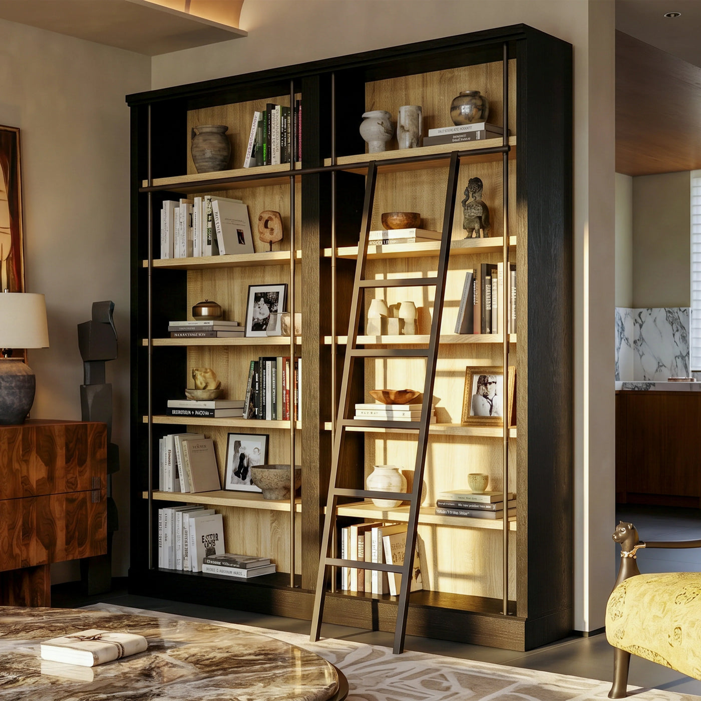 Double Bookcase with Rolling Ladder and 6-Tier Shelves