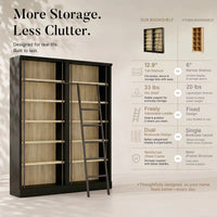 Double Bookcase with Rolling Ladder and 6-Tier Shelves