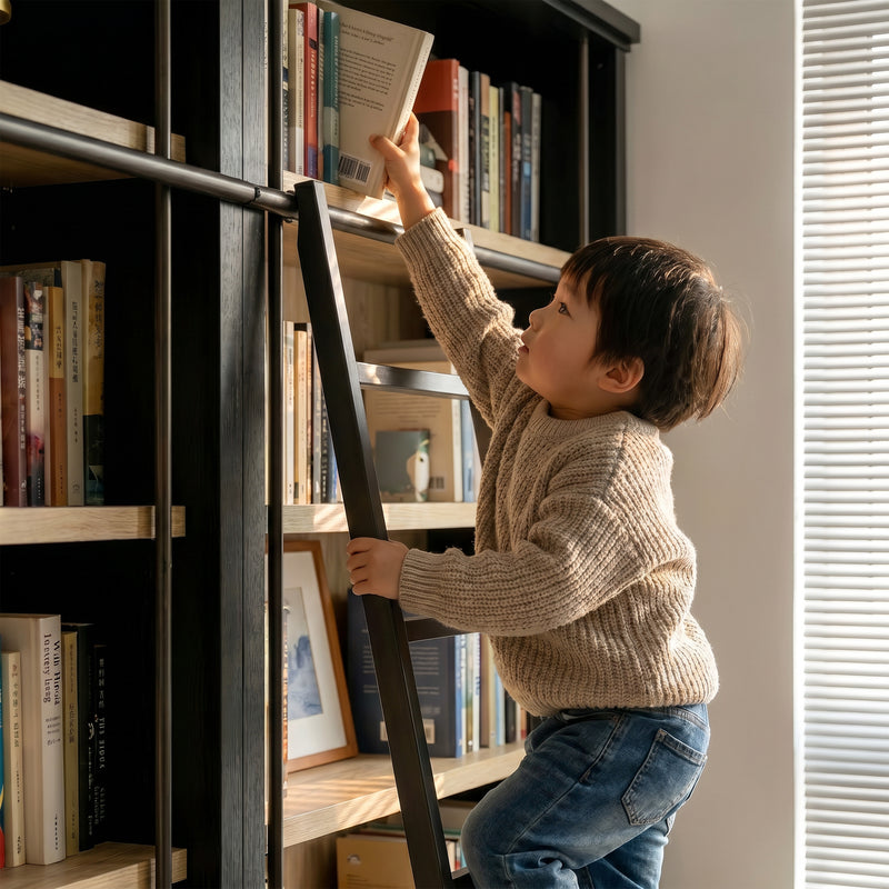 Double Bookcase with Rolling Ladder and 6-Tier Shelves