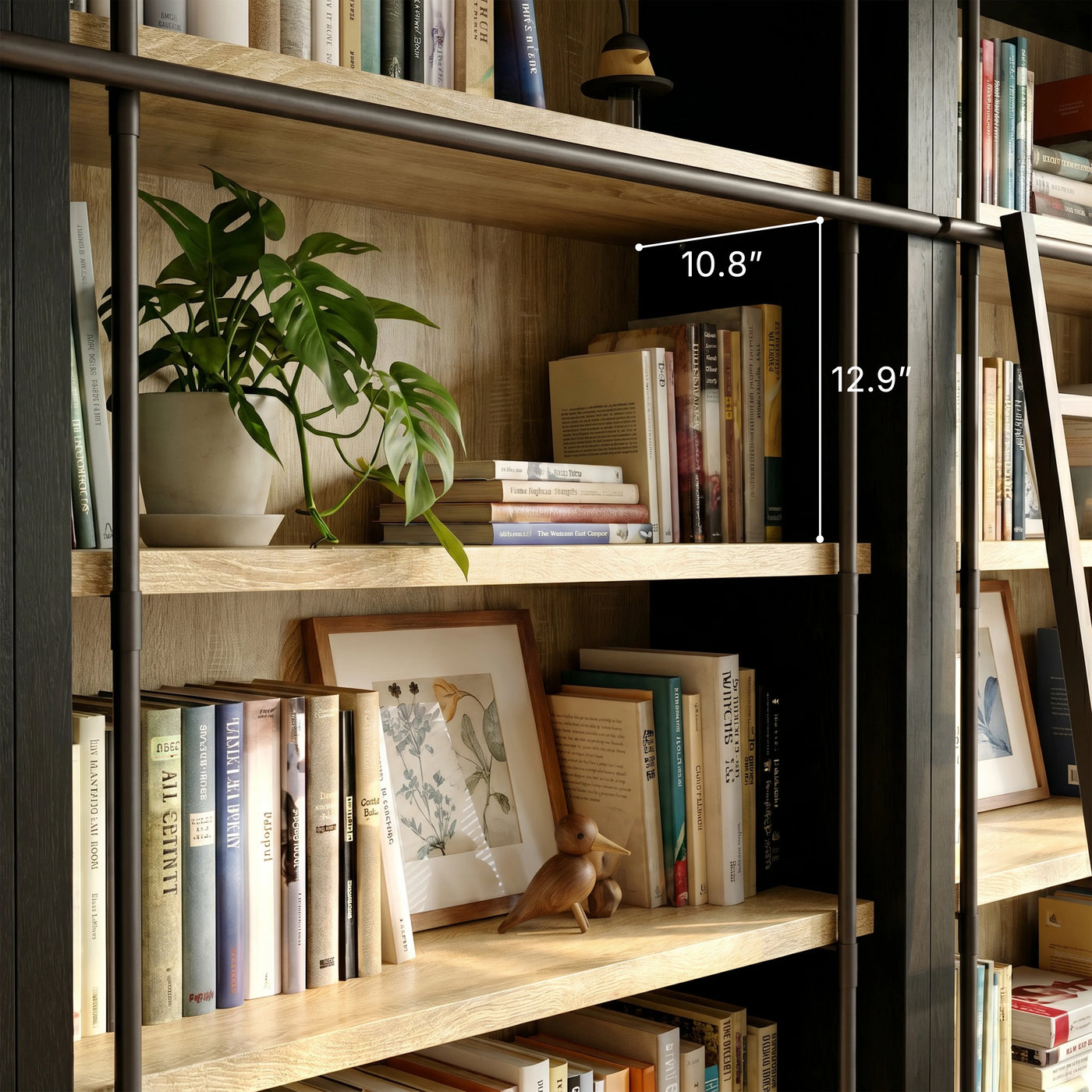 Double Bookcase with Rolling Ladder and 6-Tier Shelves