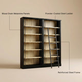 Double Bookcase with Rolling Ladder and 6-Tier Shelves