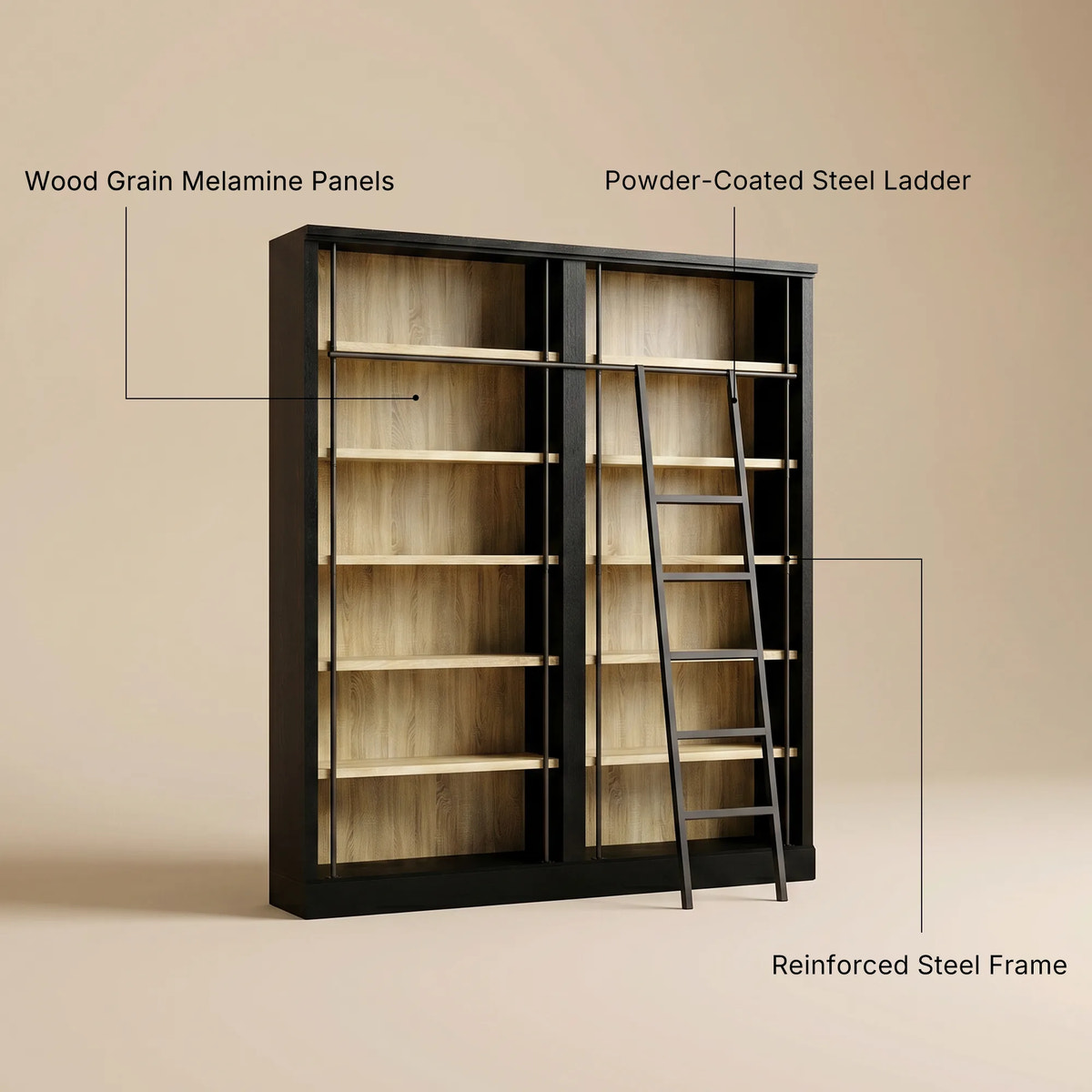 Double Bookcase with Rolling Ladder and 6-Tier Shelves