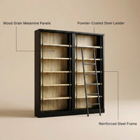 Double Bookcase with Rolling Ladder and 6-Tier Shelves