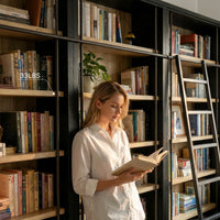 Double Bookcase with Rolling Ladder and 6-Tier Shelves
