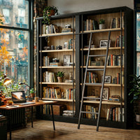 Double Bookcase with Rolling Ladder and 6-Tier Shelves
